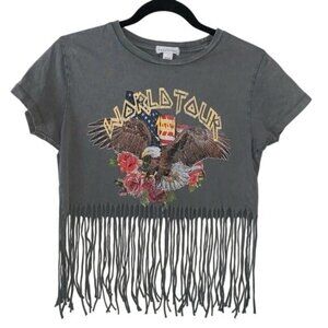 World Tour Fringe Hem Graphic Crop Top XS Full Tilt 100% Cotton Gray Eagle & Ros